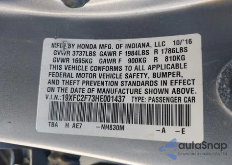 2017 Honda Civic Ex z USA, uszkodzony, nr VIN 19XFC2F73HE001437